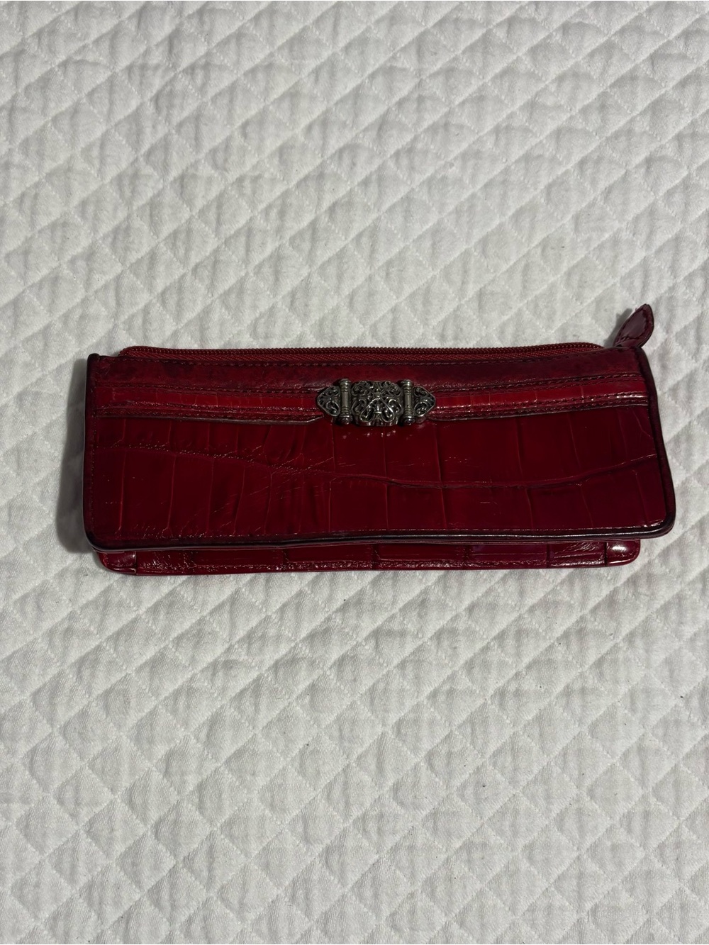 Brighton Croc-Embossed Wine Red Leather Cosmetic Bag with Ornate Silver Hardware